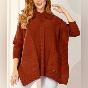 NWT 🇨🇴 Elegant Rust Button-Up Sweater Poncho